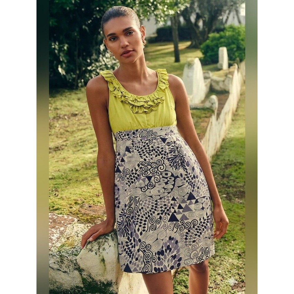Maeve Yellow Ruffle-Neck Dress with Patterned Skirt